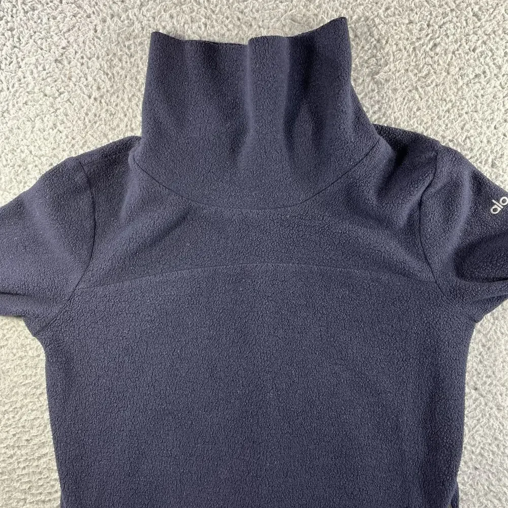 Alo Yoga Haze Funnel Neck Fleece Pullover Navy Blue Thumbholes Pleated Back S